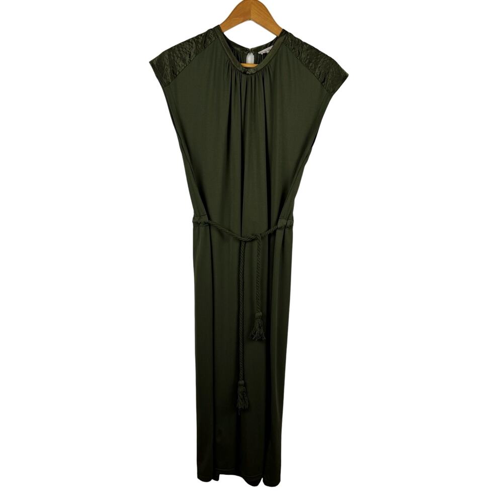 Heartloom Rubie Satin Trim Belted Midi Dress in Olive Green Sz M | Flowy Comfy